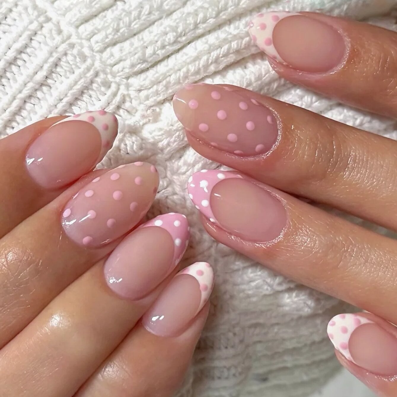 Short Almond Pink French Pink Dot Nails Short Almond Pink French Pink Dot Nails — Classy Polka Dot Nails French