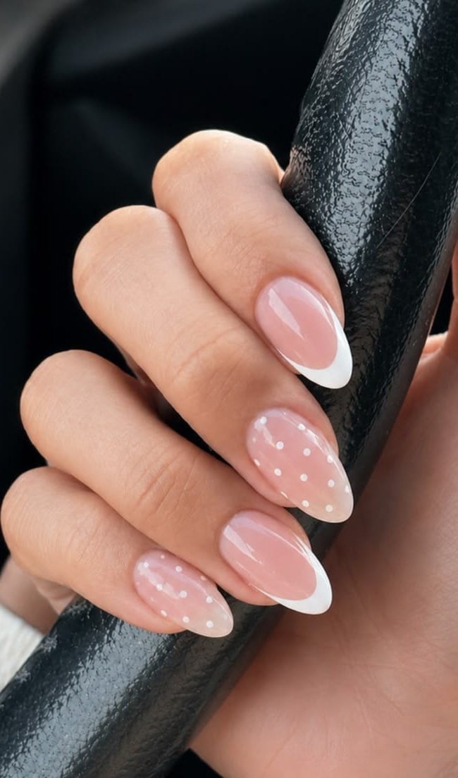 Medium Almond Nude White Dot White French Medium Almond Nude White Dot White French — Classy Polka Dot Nails French