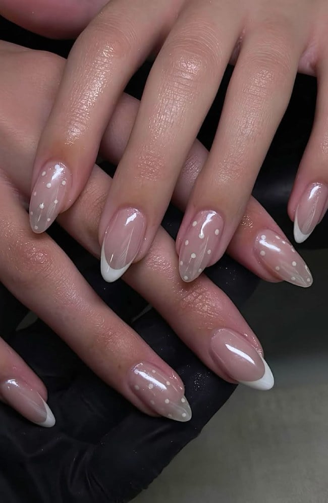 Almond Clear White Dot French Nails Almond Clear White Dot French Nails — Classy Polka Dot Nails French