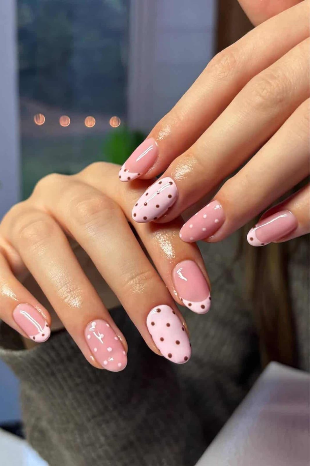 Short Oval Pink Brown Dot French Short Oval Pink Brown Dot French — Classy Polka Dot Nails French