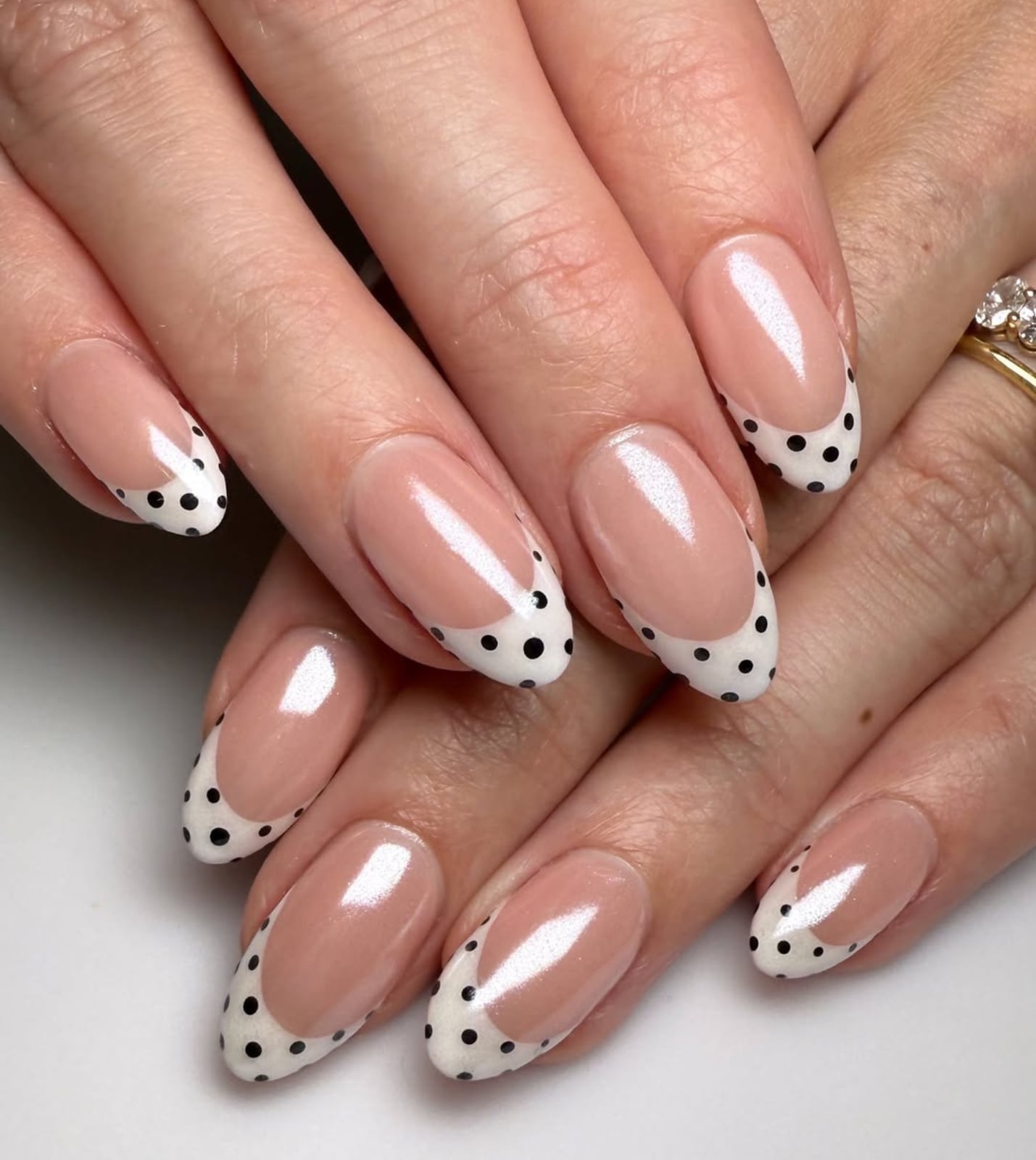 Medium Almond Black Dot French Tips Medium Almond Black Dot French Tips — Classy Polka Dot Nails French