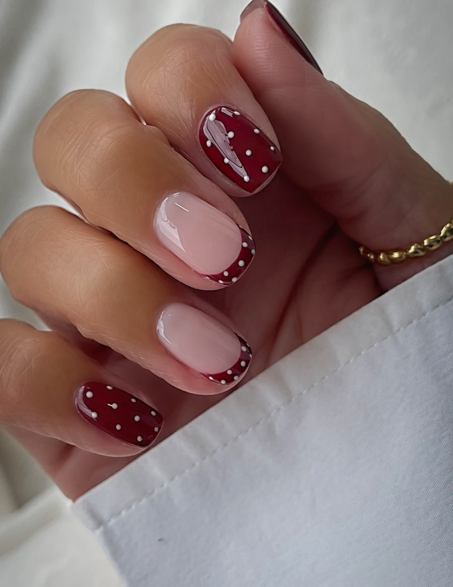 Short Square Burgundy White Dot French, Glossy Short Square Burgundy White Dot French, Glossy — Classy Polka Dot Nails French