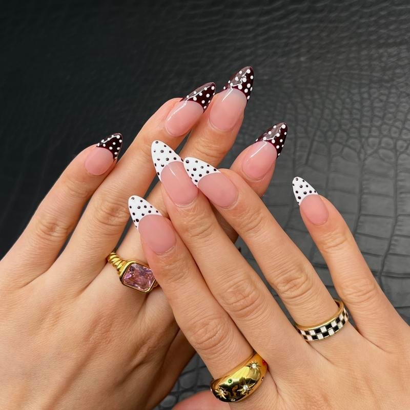 Short Almond Clear Black Dot French With Long Stiletto Short Almond Clear Black Dot French With Long Stiletto — Classy Polka Dot Nails French