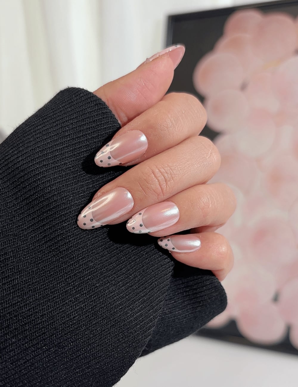 Short Almond Milky White Grey Dot French Short Almond Milky White Grey Dot French — Classy Polka Dot Nails French