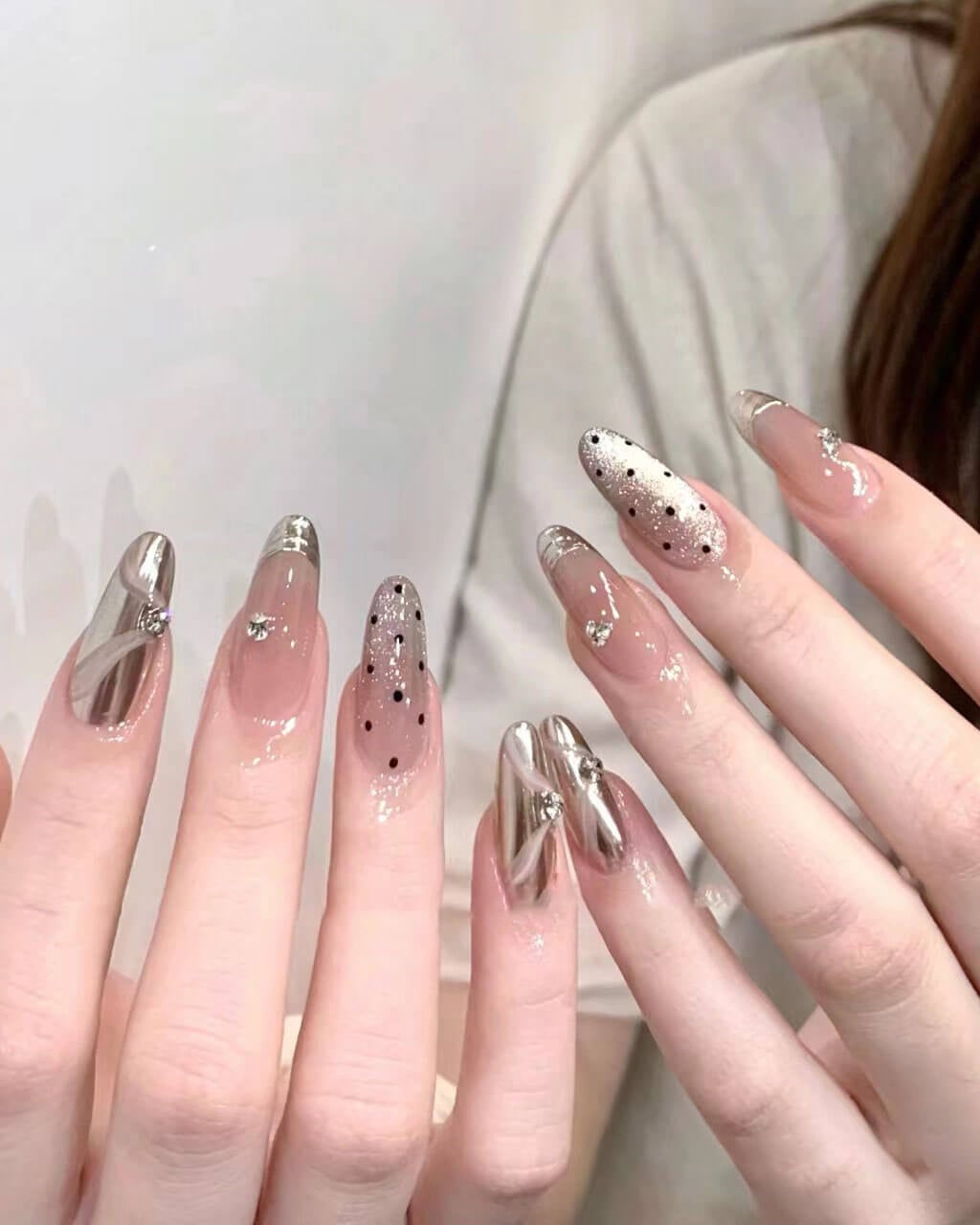 Long Almond Black Dot Silver French Long Almond Black Dot Silver French — Classy Polka Dot Nails French