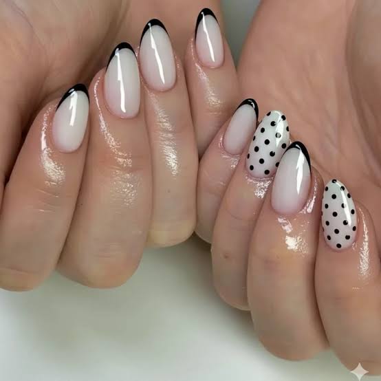 Medium Almond Pink Yellow Dot French, Glossy Medium Almond Pink Yellow Dot French, Glossy — Classy Polka Dot Nails French