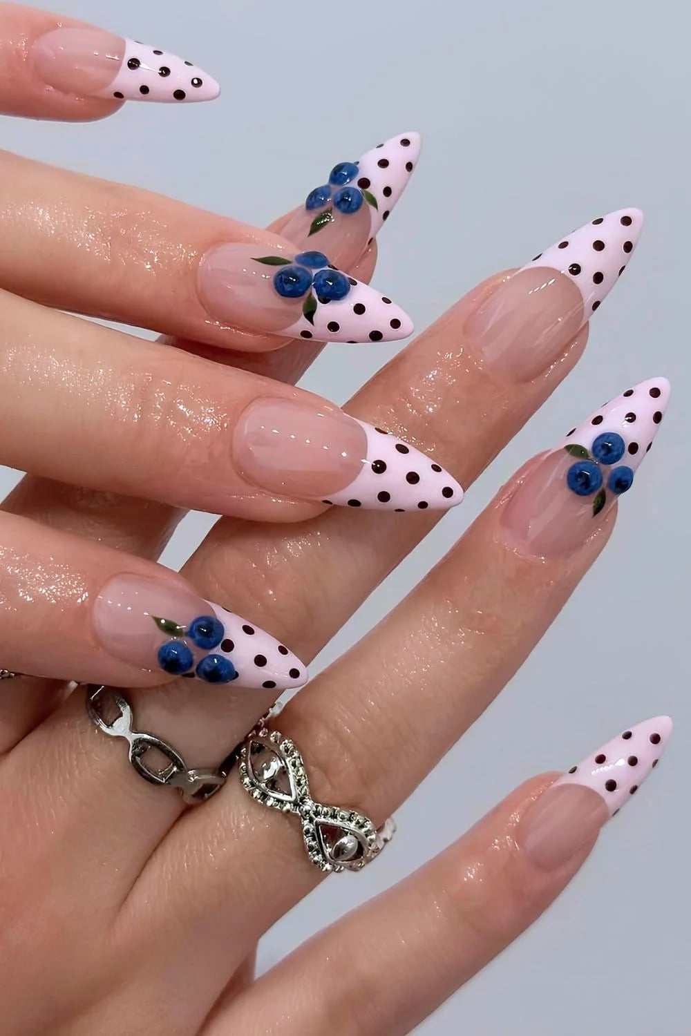Long Stiletto Pink Dark Brown White Dot French Long Stiletto Pink Dark Brown White Dot French — Classy Polka Dot Nails French