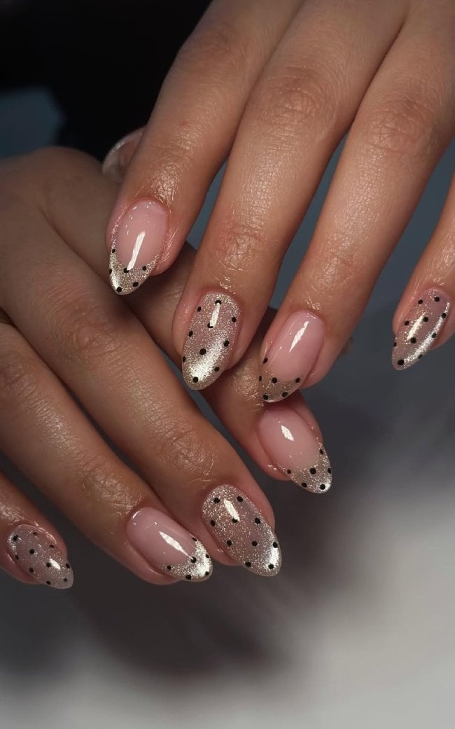 Medium Almond Black Dots on French Tips, Cat-Eye Medium Almond Black Dots on French Tips, Cat-Eye — Classy Polka Dot Nails French