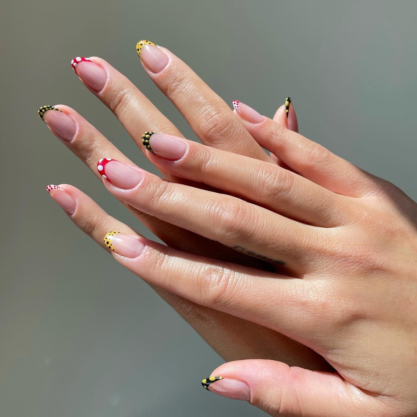 Medium Almond Multi-Color Dot French Medium Almond Multi-Color Dot French — Classy Polka Dot Nails French