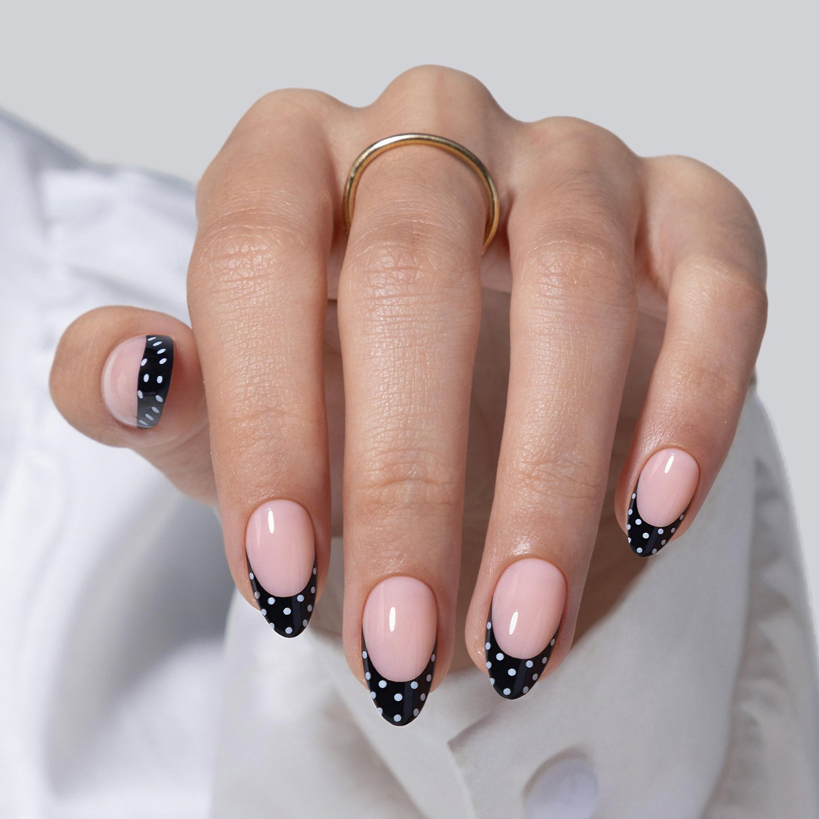 Medium Almond Nude Black French White Dots Medium Almond Nude Black French White Dots — Classy Polka Dot Nails French