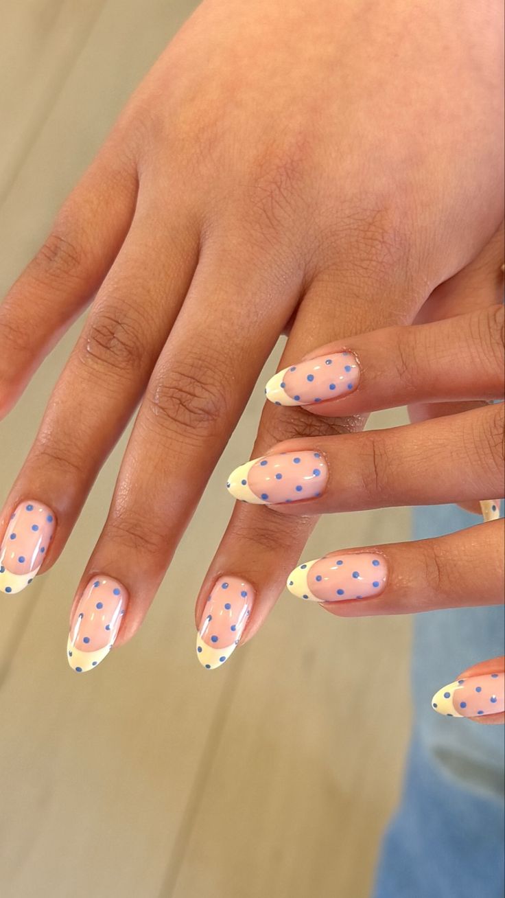 Medium Oval Pink Yellow Blue Dot French, Close-Up Take Medium Oval Pink Yellow Blue Dot French, Close-Up Take — Classy Polka Dot Nails French