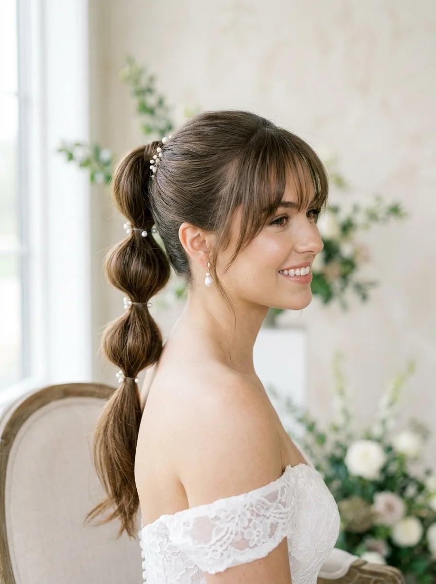 Collarbone Medium Brown Ponytail With Wispy Bangs, Mid-Back — Classy Ponytail with Bangs