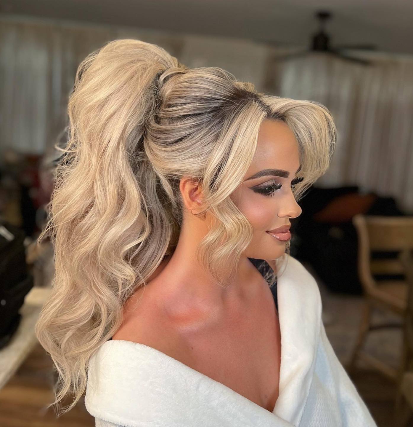 Mid-Back Ash Blonde Ponytail With Full Bangs — Classy Ponytail with Bangs