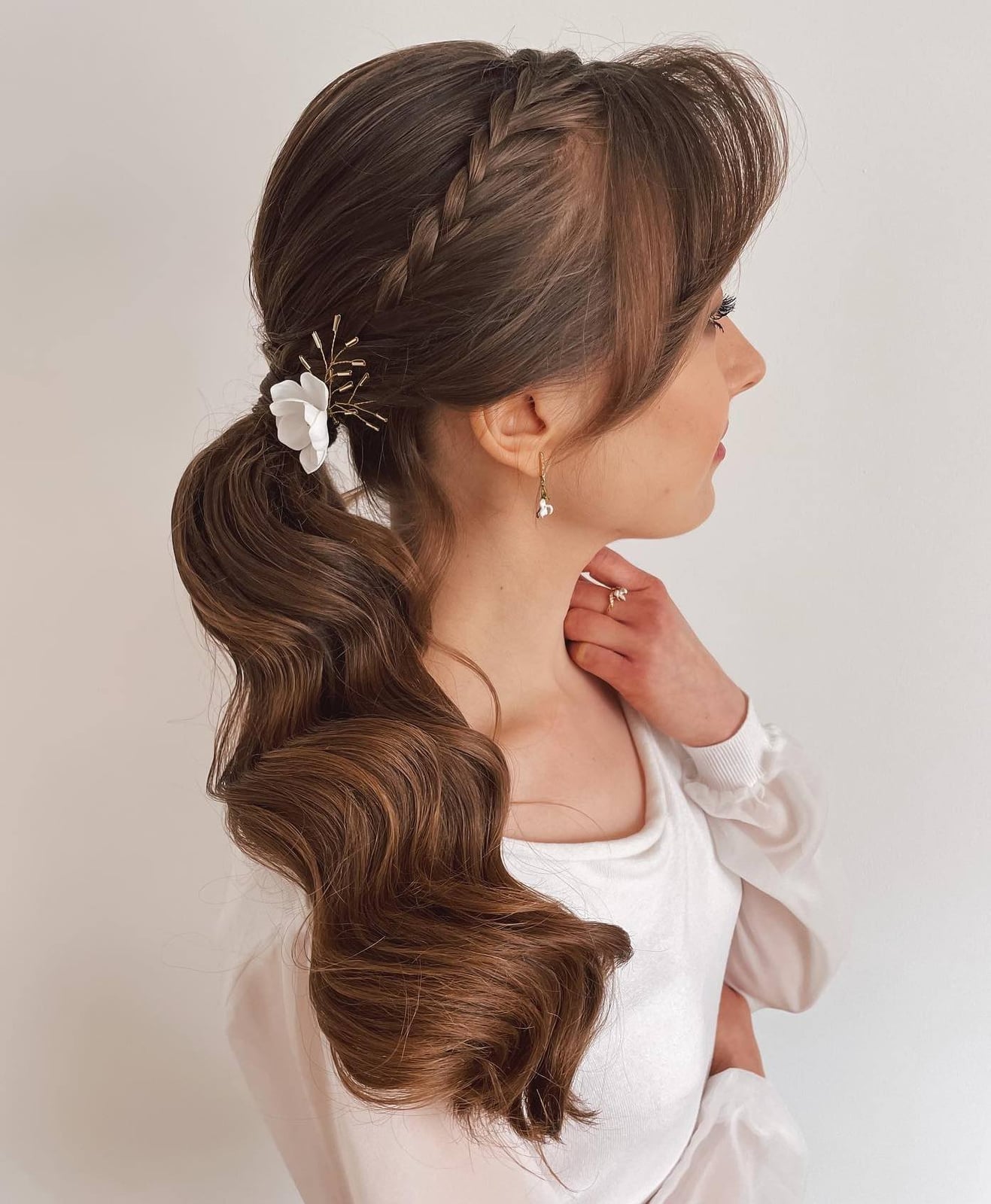 Mid-Back Medium Brown Ponytail With Braids — Classy Ponytail with Bangs