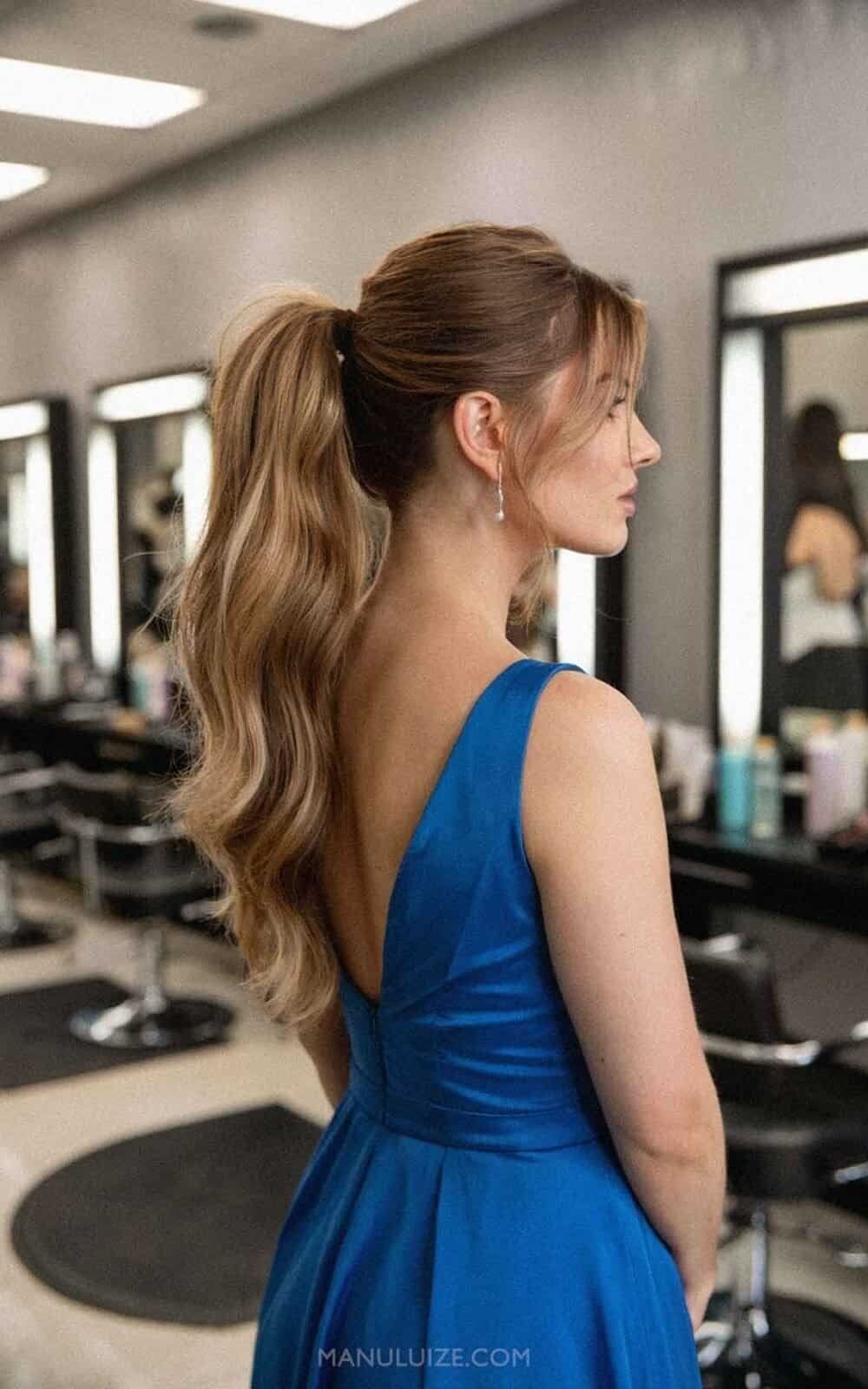 Mid-Back Blonde Ponytail With Voluminous Curls — Classy Ponytail with Bangs