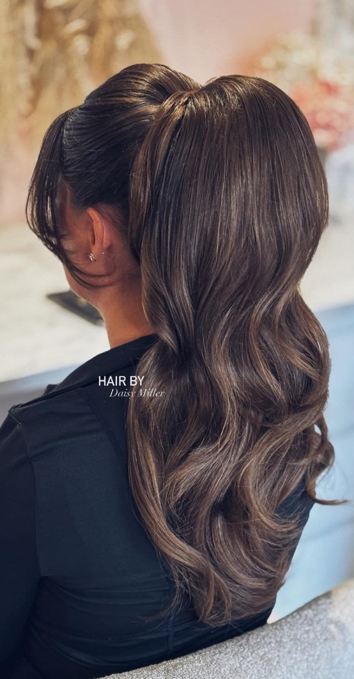 Mid-Back Blonde Balayage Ponytail With Curtain Bangs, Wavy — Classy Ponytail with Bangs