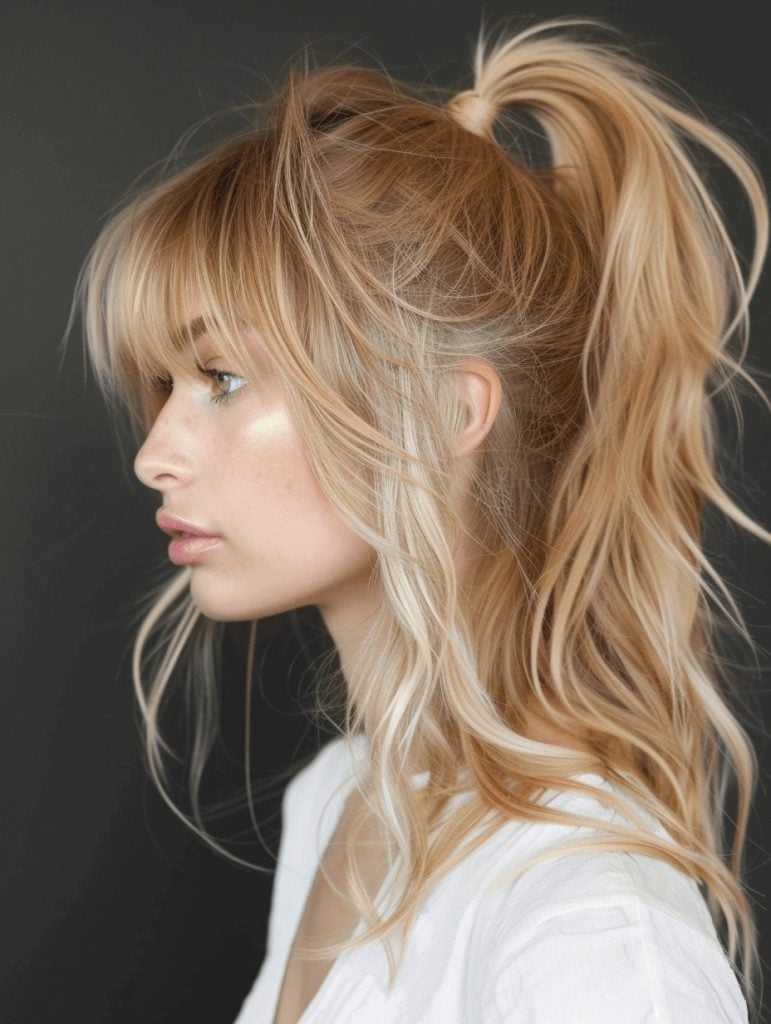 Mid-Back Platinum Blonde Ponytail With Glam Waves — Classy Ponytail with Bangs
