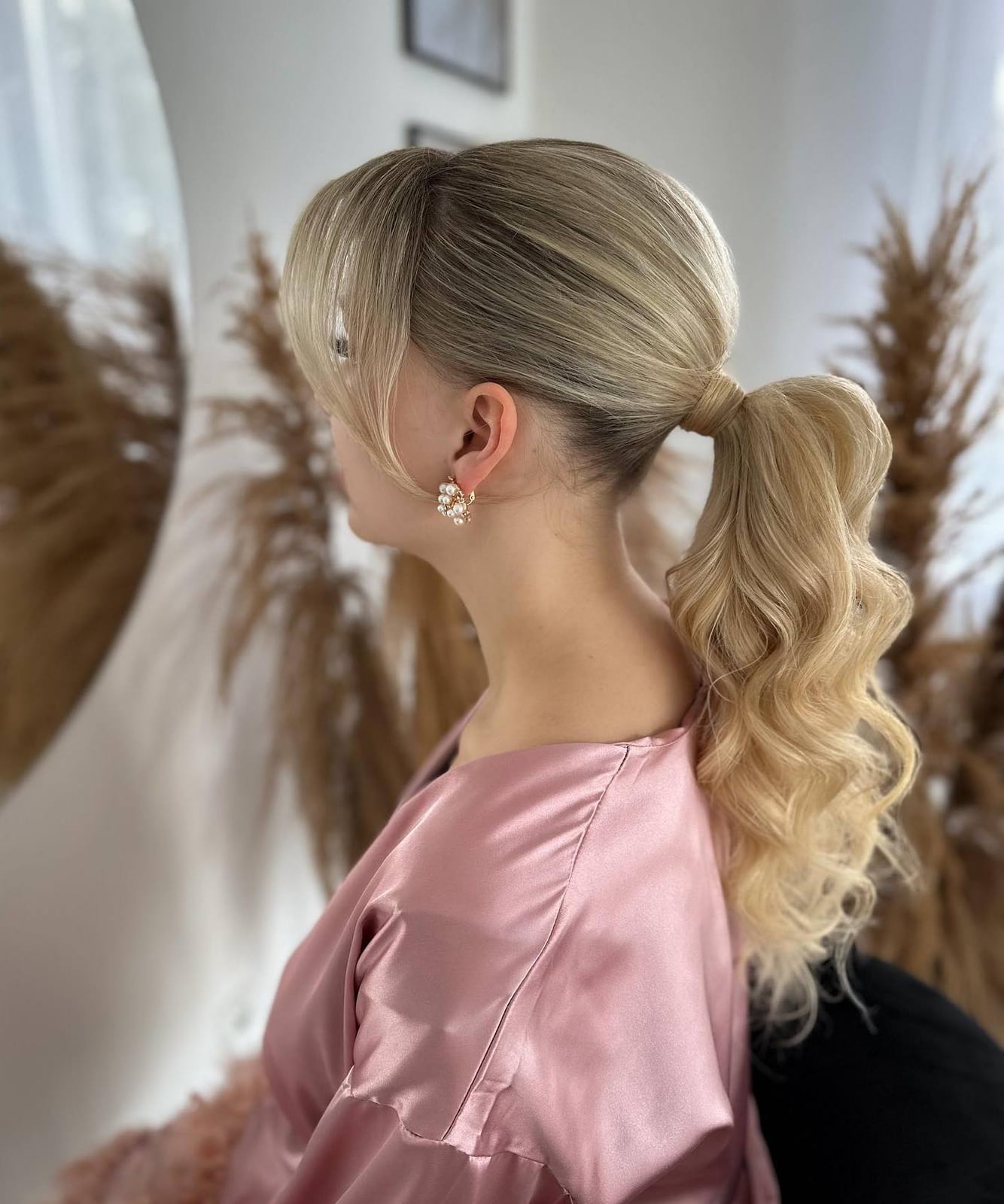 Collarbone Ash Blonde Ponytail With Curtain Bangs — Classy Ponytail with Bangs