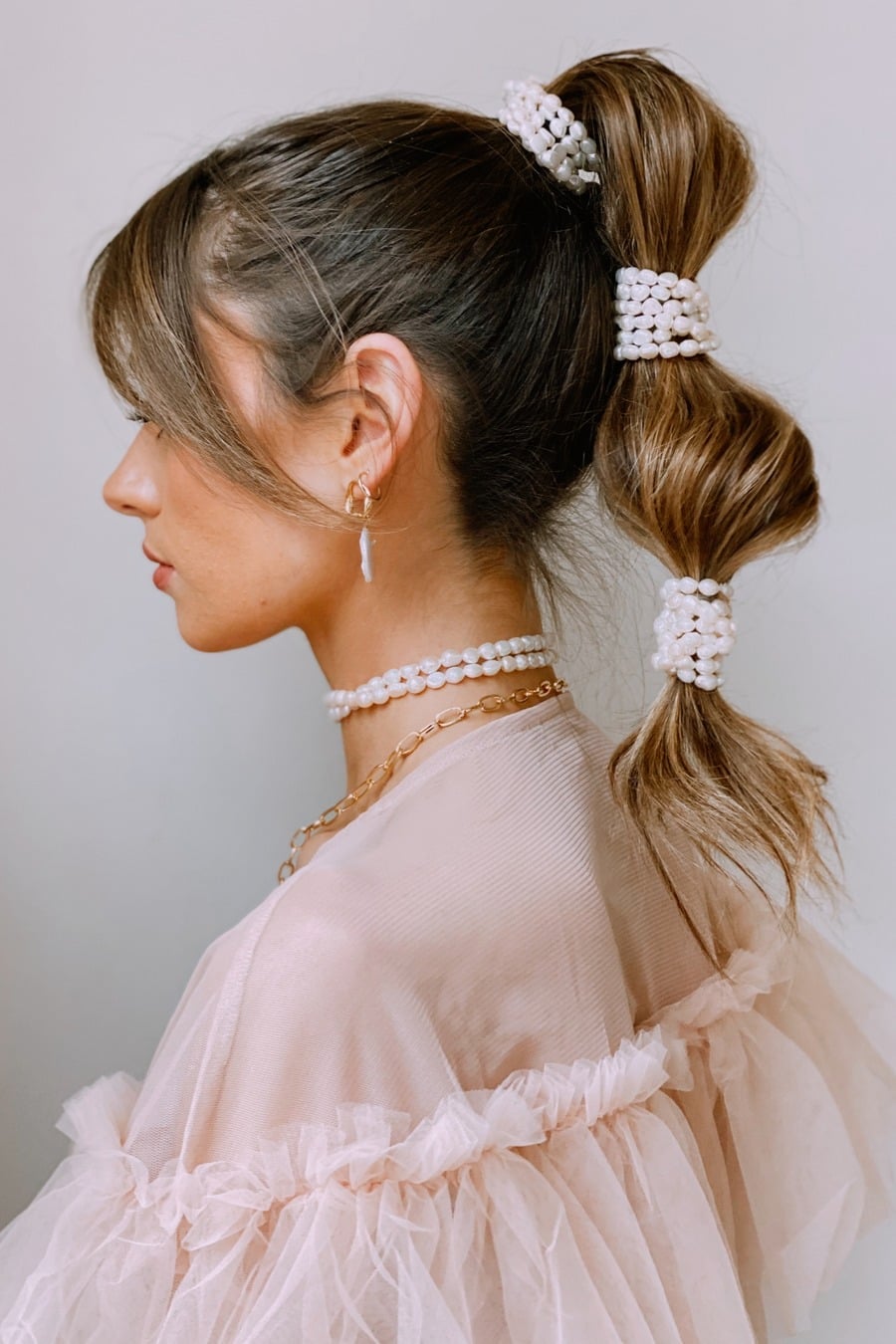 Collarbone Medium Brown Ponytail With Wispy Bangs — Classy Ponytail with Bangs