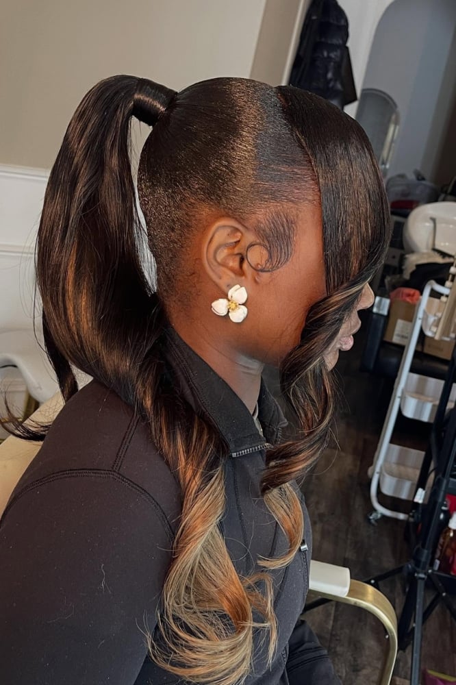 Sleek Ponytail Side-Swept Bangs Curled Ends Sleek Ponytail Side-Swept Bangs Curled Ends — Classy Ponytail with Swoop