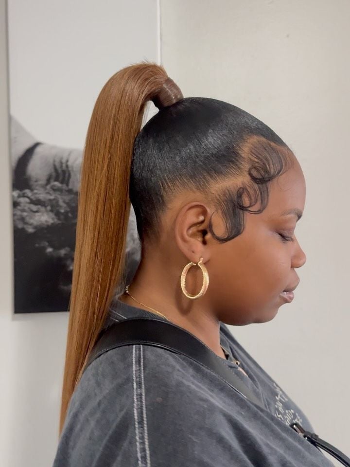 Dark Brown Ponytail Caramel Highlights Swoop Bangs Dark Brown Ponytail Caramel Highlights Swoop Bangs — Classy Ponytail with Swoop