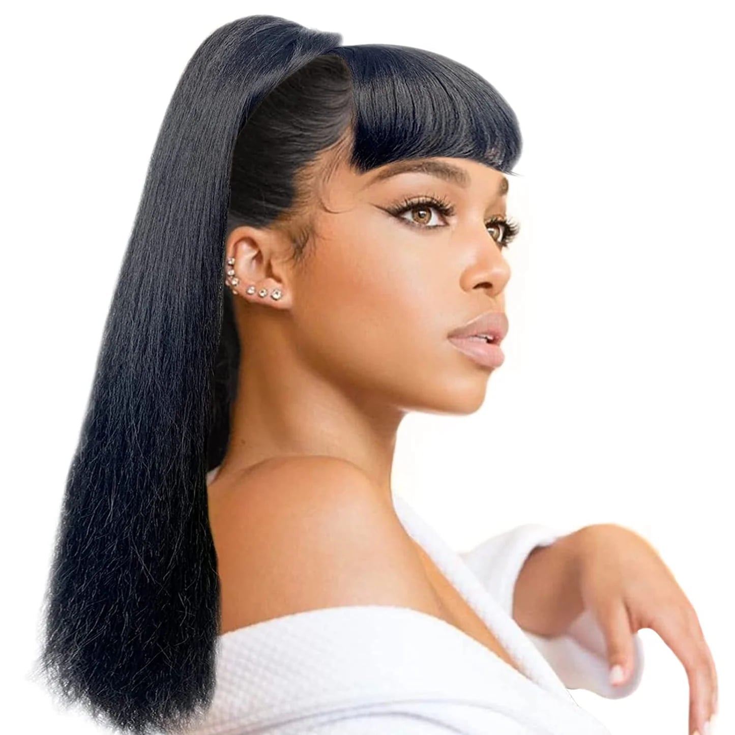 Mid-Back Ponytail Full Fringe Black Fine Hair Mid-Back Ponytail Full Fringe Black Fine Hair — Classy Ponytail with Swoop