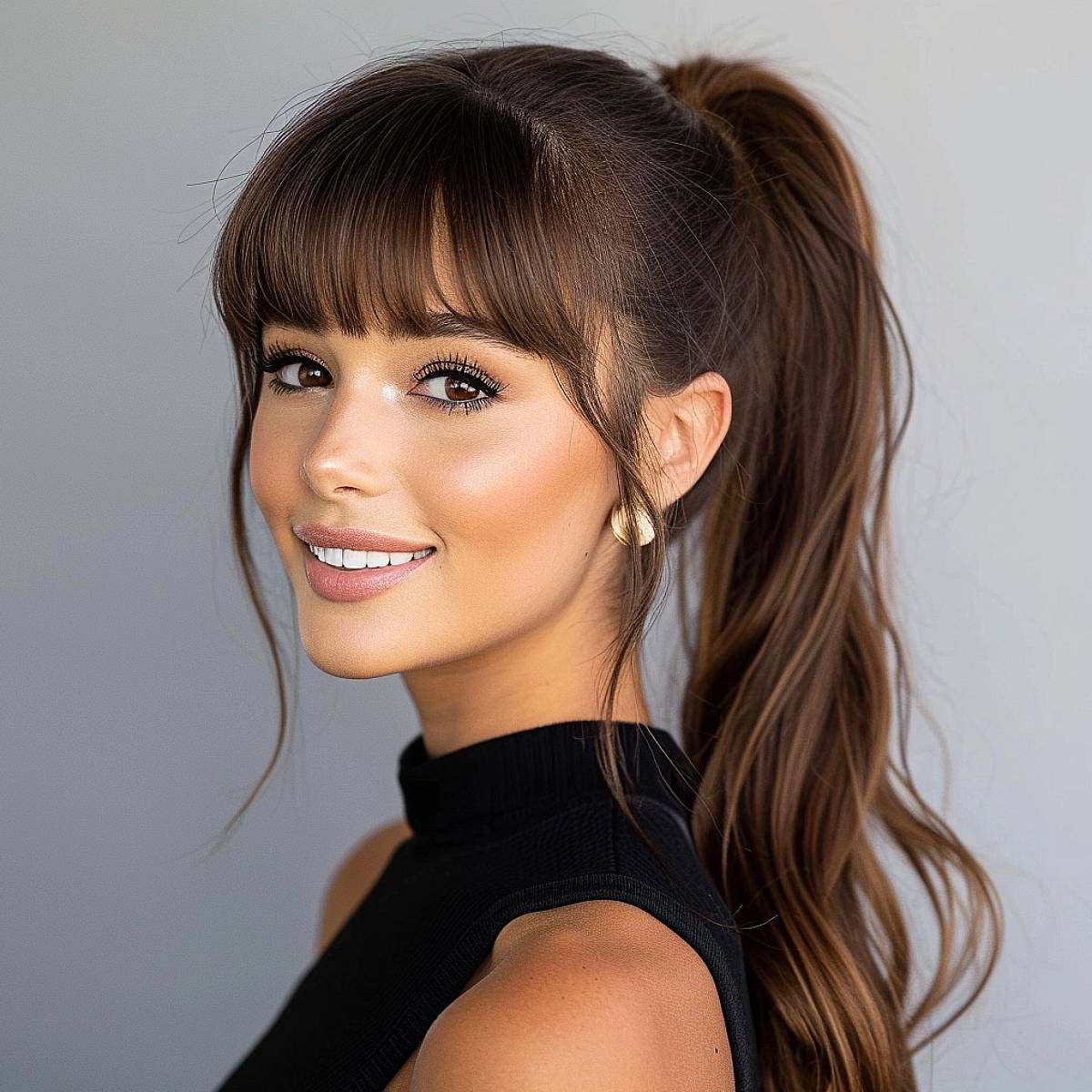Mid-Back Ponytail Full Blunt Cut Bangs Mid-Back Ponytail Full Blunt Cut Bangs — Classy Ponytail with Swoop
