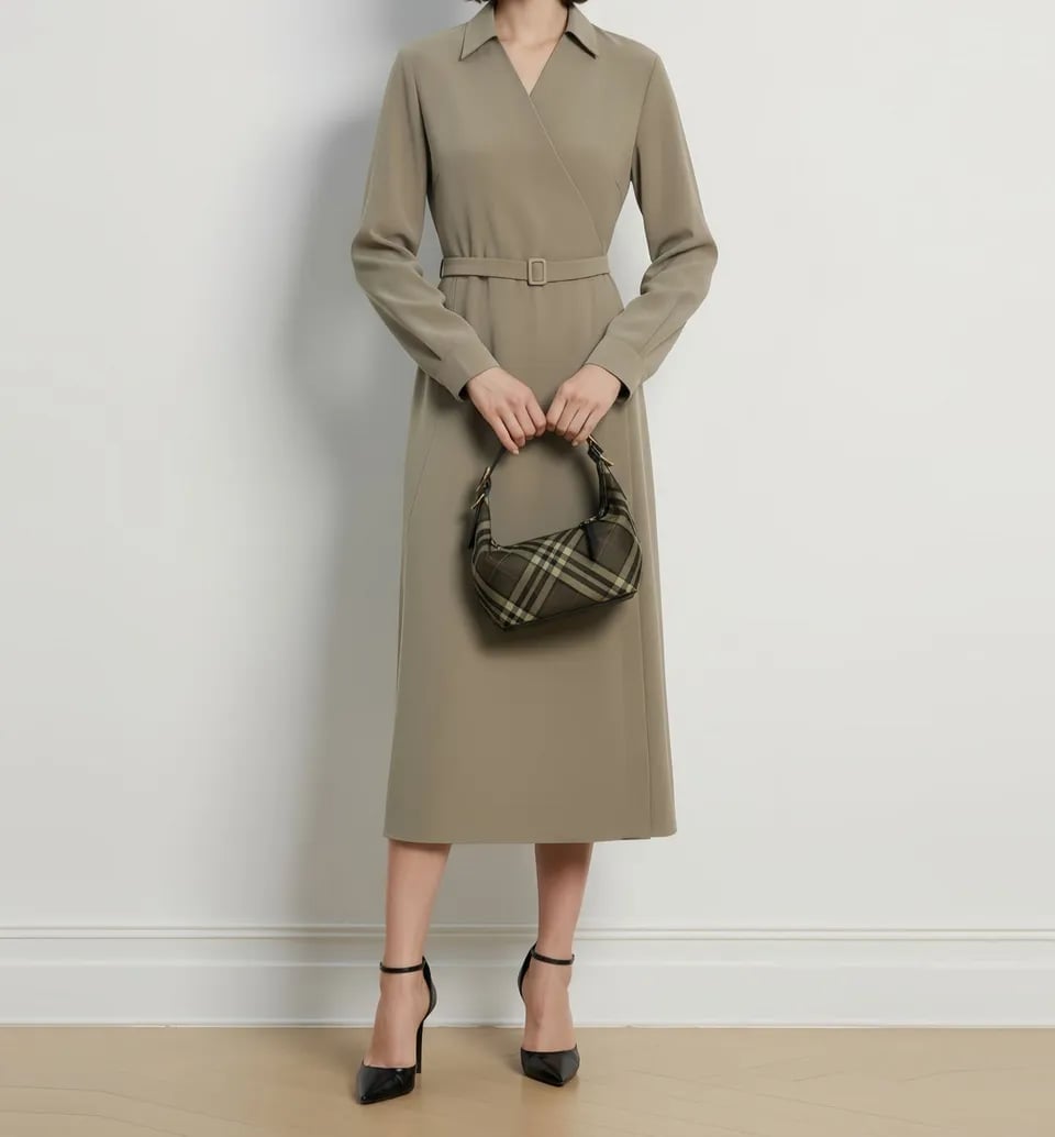 Khaki Green Long-Sleeve Trench Dress with Belted Waist Khaki Green Long-Sleeve Trench Dress with Belted Waist — Classy Professional Dresses