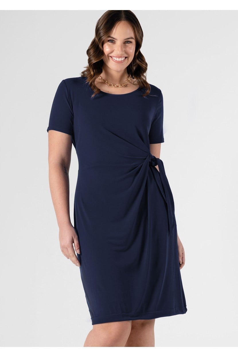 Navy Blue Jersey Knit Dress with Side Tie Detail Navy Blue Jersey Knit Dress with Side Tie Detail — Classy Professional Dresses