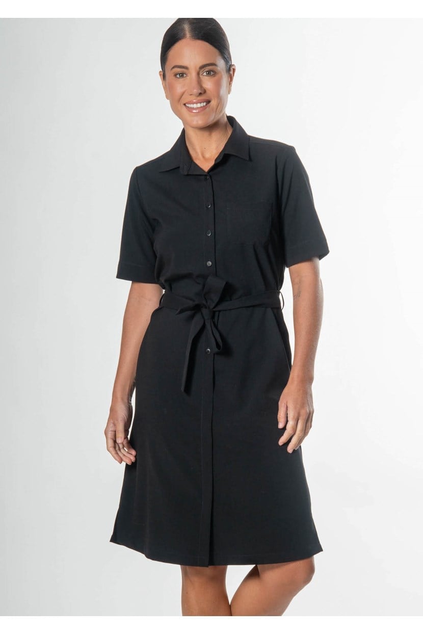 Black Short Sleeve Midi Shirt Dress with Waist Tie Belt Black Short Sleeve Midi Shirt Dress with Waist Tie Belt — Classy Professional Dresses