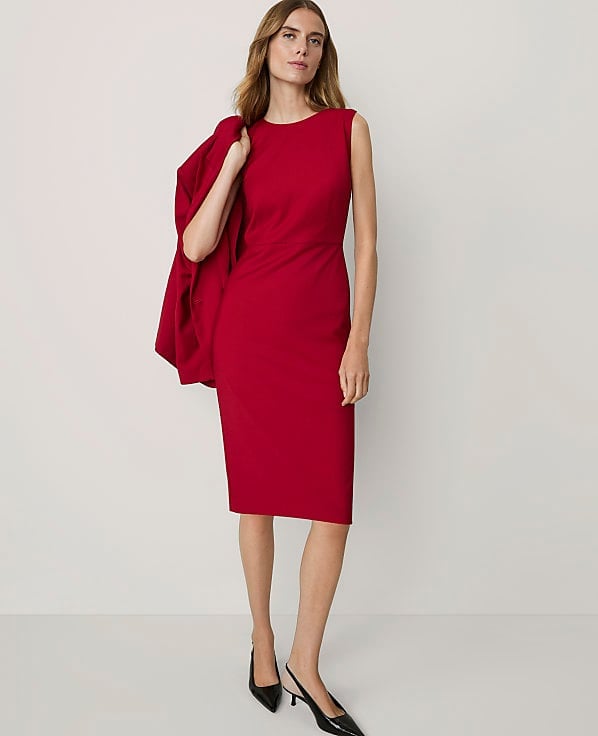 Knee-length Red Sheath Dress with Draped Blazer Knee-length Red Sheath Dress with Draped Blazer — Classy Professional Dresses