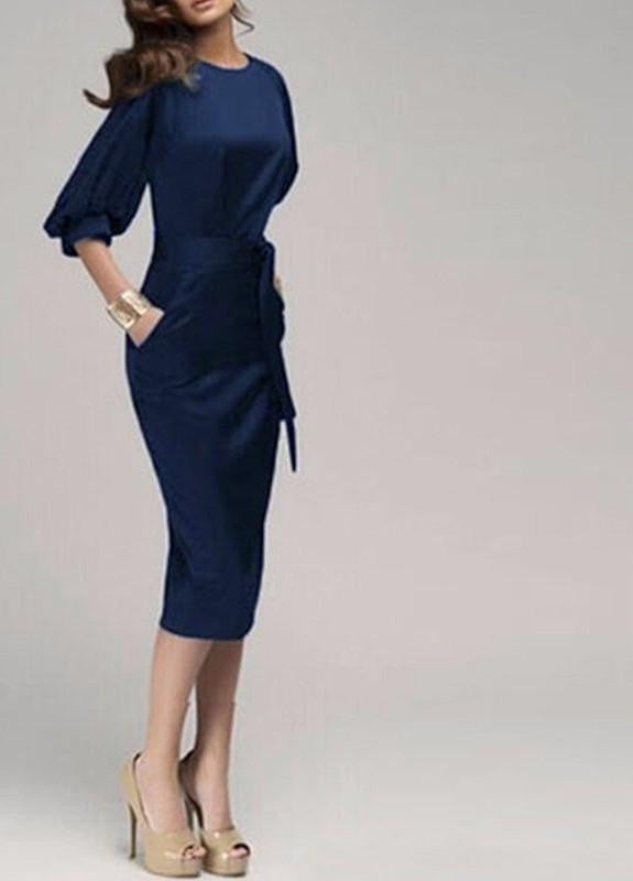 Navy Blue Belted Pencil Dress with Puffed Half Sleeves Navy Blue Belted Pencil Dress with Puffed Half Sleeves — Classy Professional Dresses