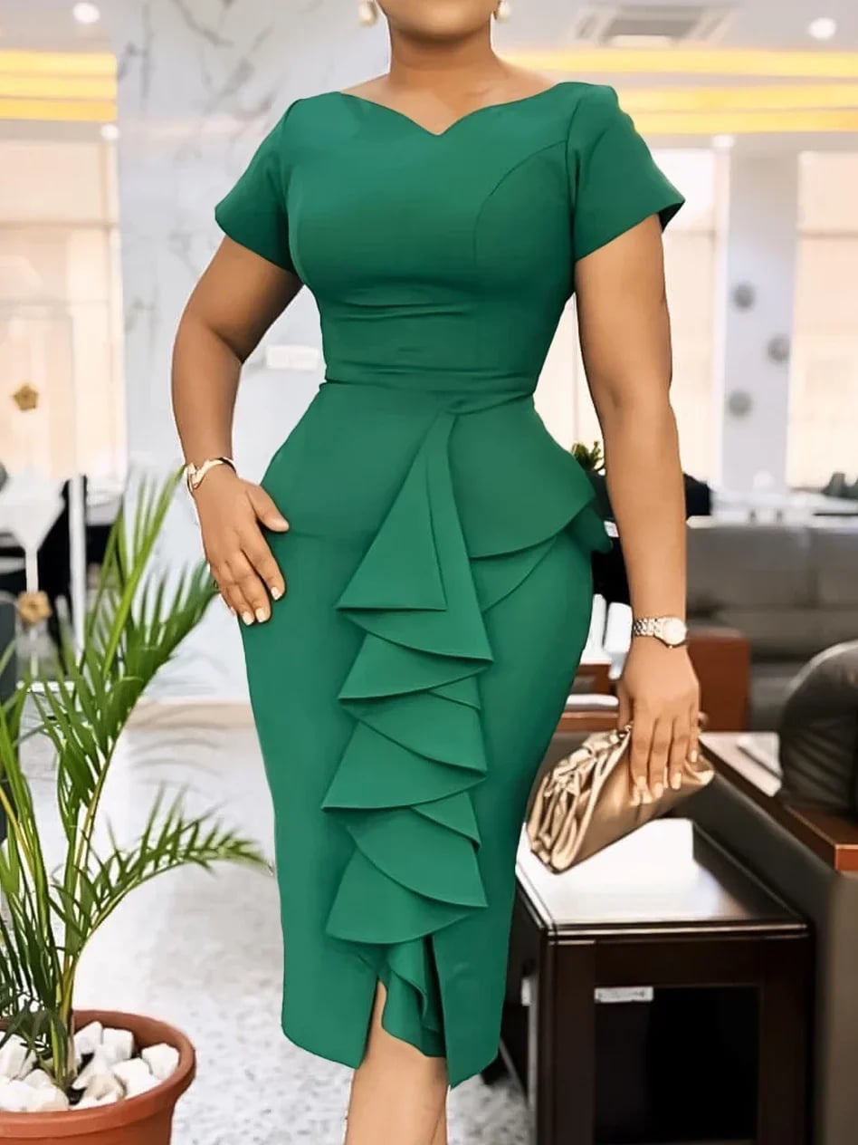 Emerald Green Pencil Dress with Cascading Ruffle Detail Emerald Green Pencil Dress with Cascading Ruffle Detail — Classy Professional Dresses