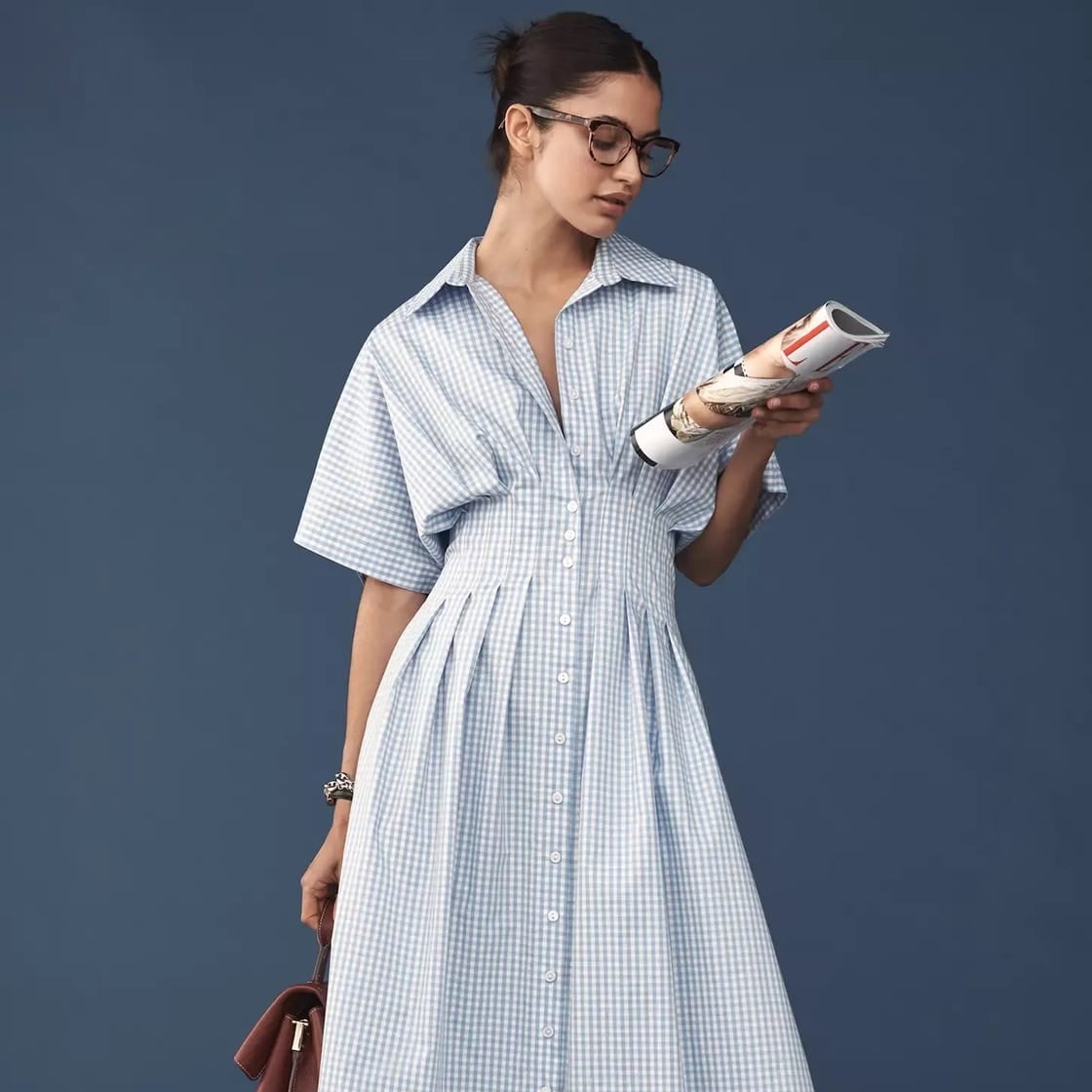 Light Blue and White Gingham Collared Midi Dress Light Blue and White Gingham Collared Midi Dress — Classy Professional Dresses