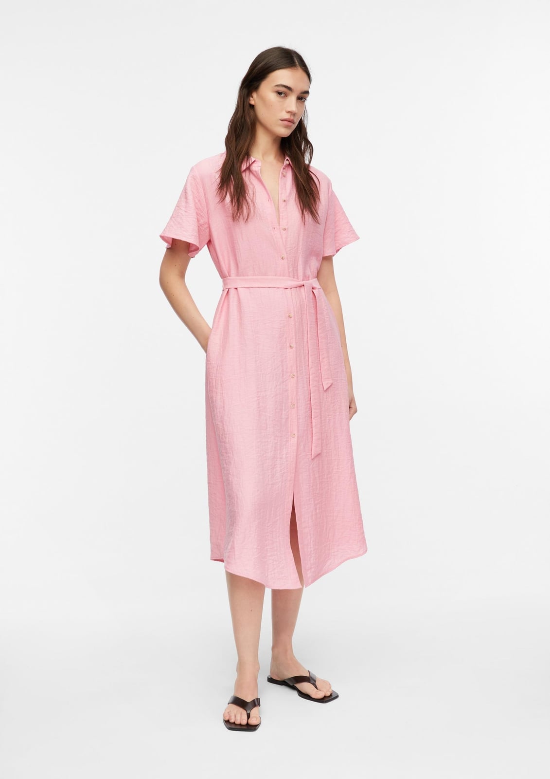 Pale Pink Textured Midi Shirt Dress with Tie Waist Pale Pink Textured Midi Shirt Dress with Tie Waist — Classy Professional Dresses