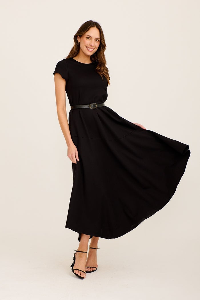 Black Short Sleeve Midi A-Line Dress with Belt Black Short Sleeve Midi A-Line Dress with Belt — Classy Professional Dresses