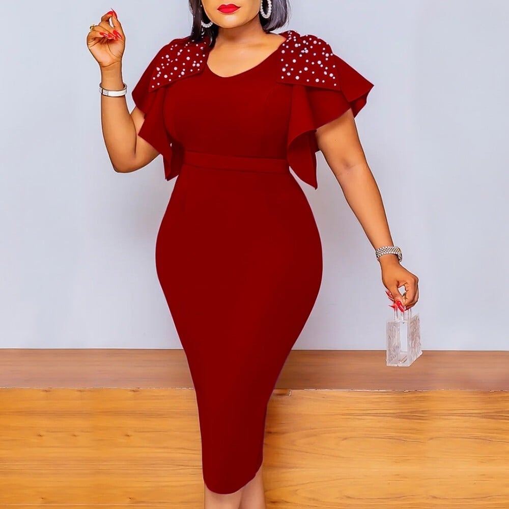 Red Pencil Dress with Ruffled Cap Sleeves, Office-Safe Version Red Pencil Dress with Ruffled Cap Sleeves, Office-Safe Version — Classy Professional Dresses
