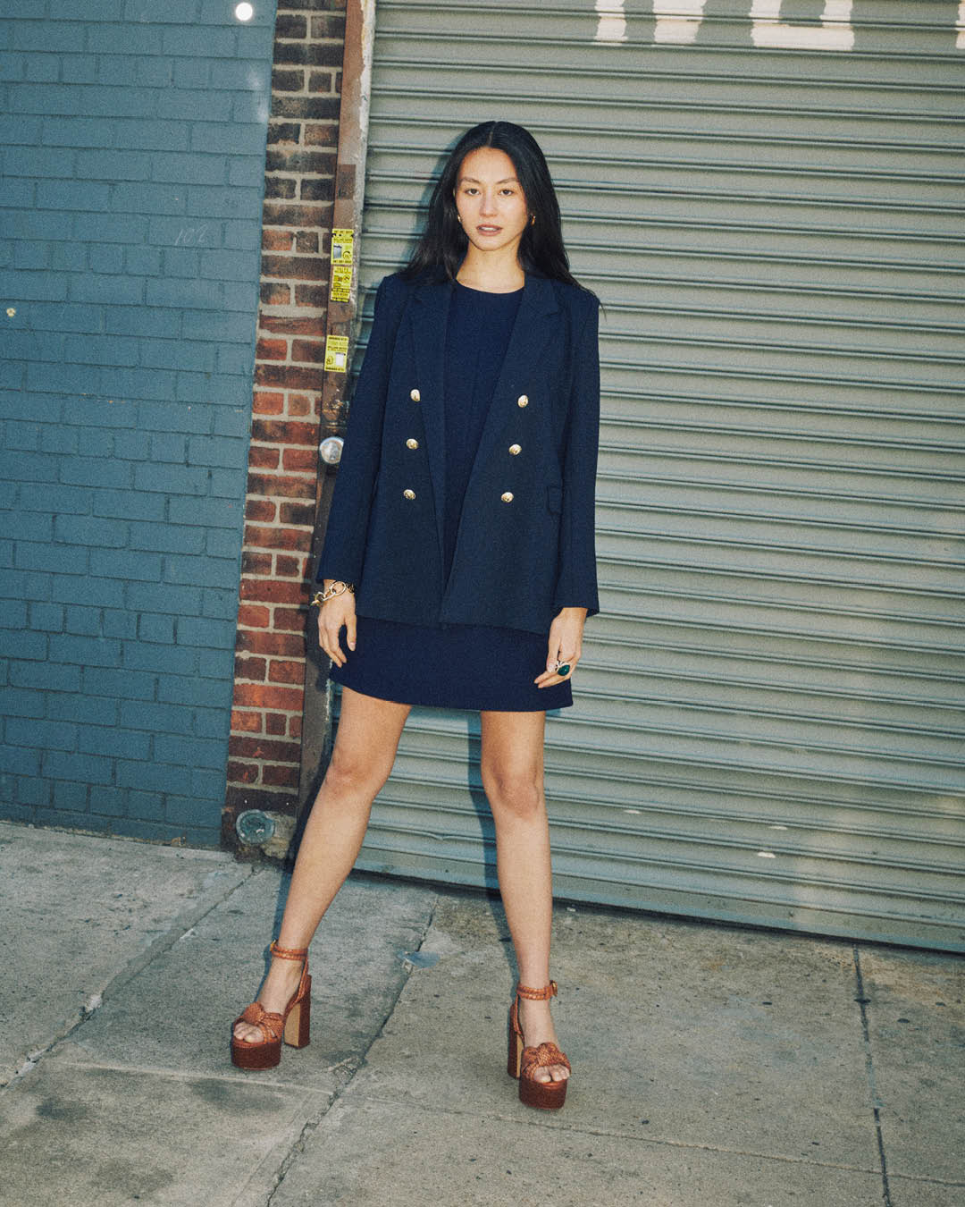 Navy Sheath Dress with Double-Breasted Navy Blazer, Close-Up Take Navy Sheath Dress with Double-Breasted Navy Blazer, Close-Up Take — Classy Professional Dresses