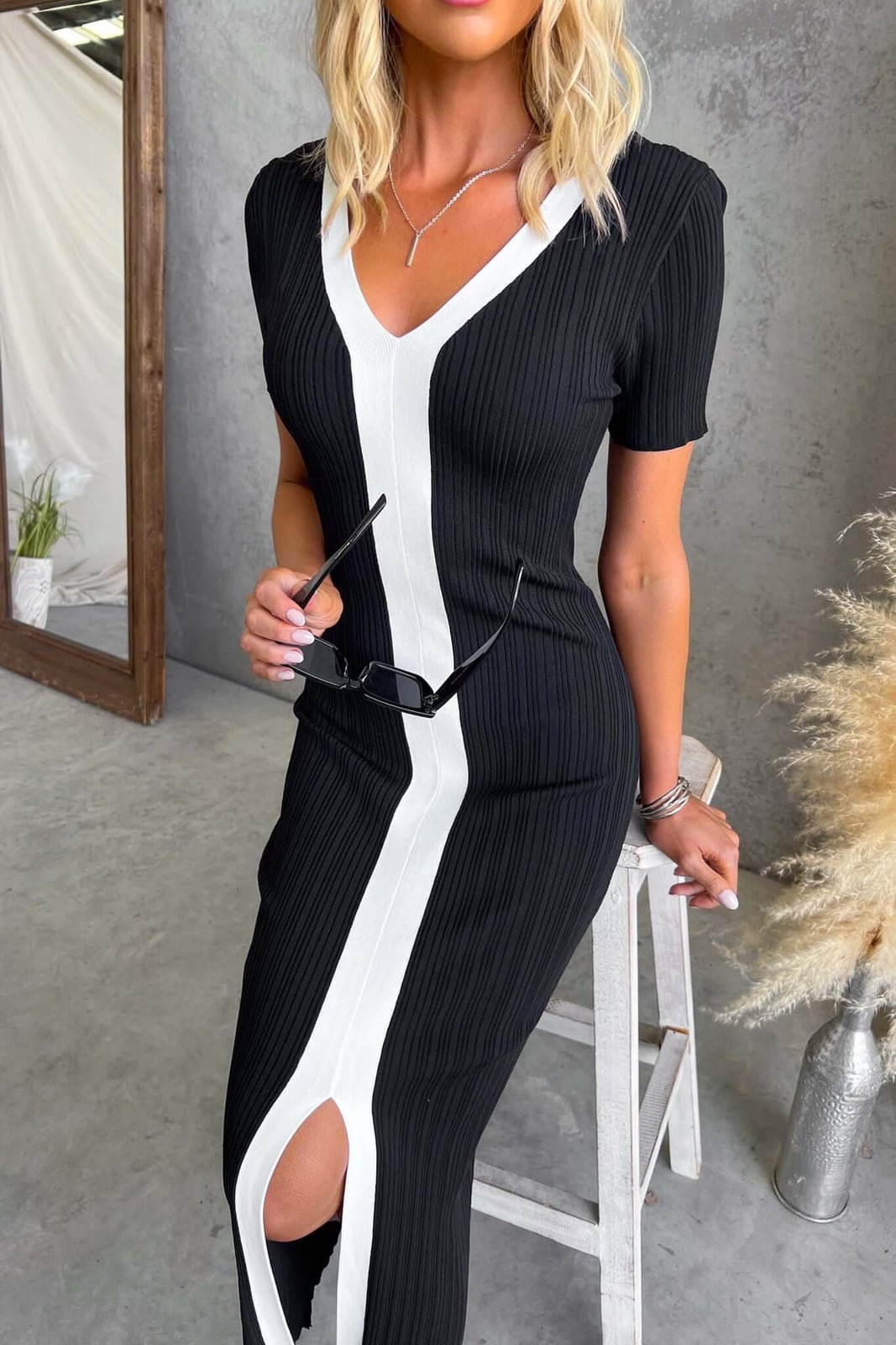 Black Ribbed Knit Midi Dress with White V-neck Stripe Black Ribbed Knit Midi Dress with White V-neck Stripe — Classy Professional Dresses