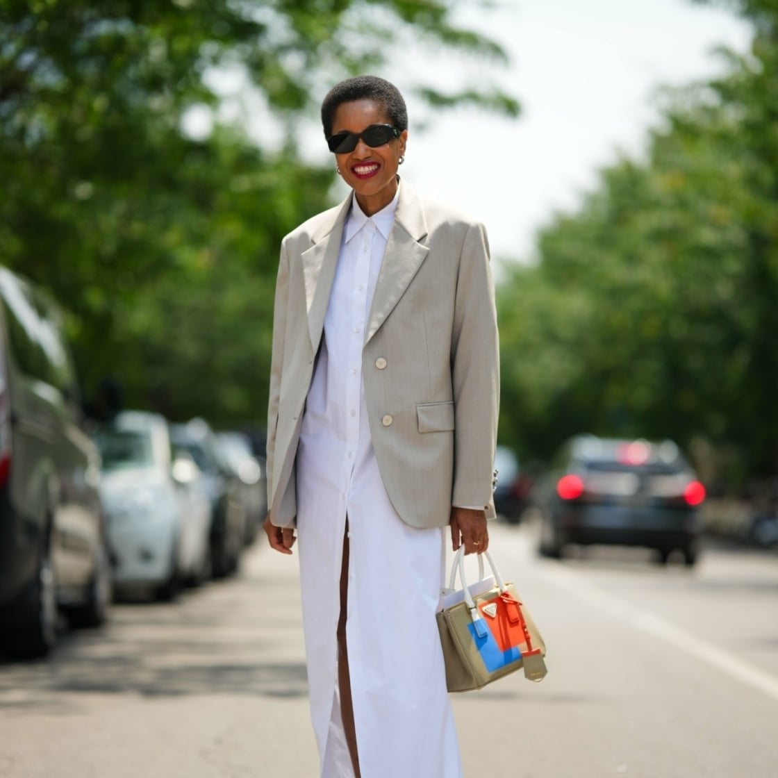 White Long-Sleeved Shirt Dress with Oversized Beige Blazer White Long-Sleeved Shirt Dress with Oversized Beige Blazer — Classy Professional Dresses