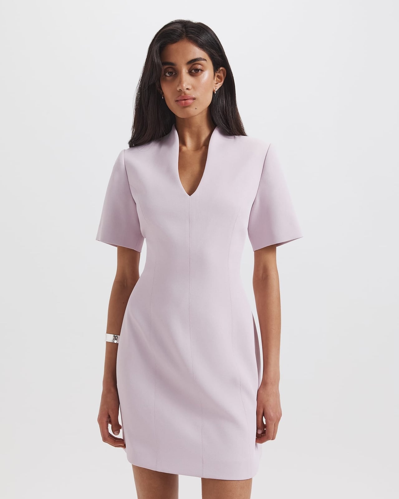 Pale Lilac Crepe Sheath Dress with Sharp V-neck Pale Lilac Crepe Sheath Dress with Sharp V-neck — Classy Professional Dresses