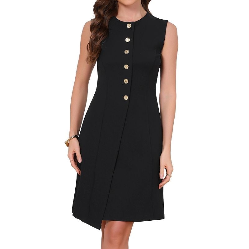 Black Sleeveless A-Line Dress with Gold Button Detail Black Sleeveless A-Line Dress with Gold Button Detail — Classy Professional Dresses