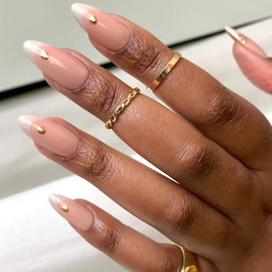 Gold Stud Accented Nude Pink Stiletto Nails Gold Stud Accented Nude Pink Stiletto Nails — Classy Professional Nails