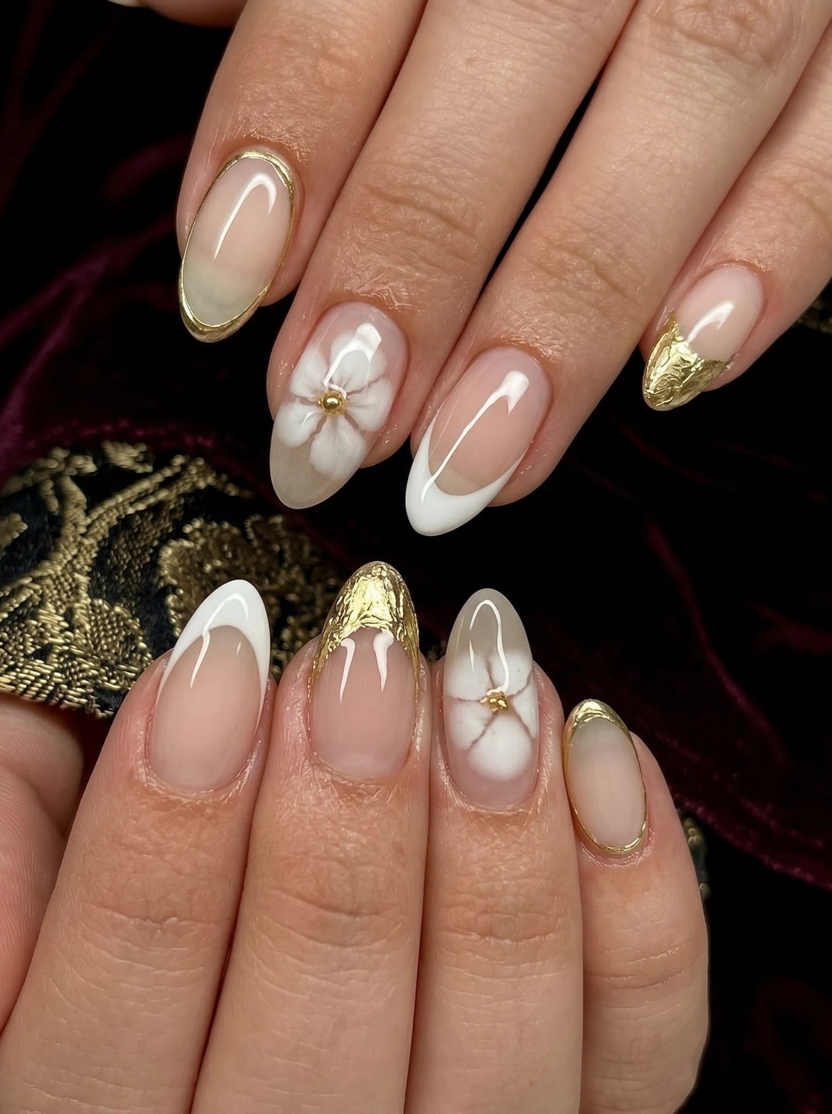 3D Flower Gold Foil Almond Nails 3D Flower Gold Foil Almond Nails — Classy Professional Nails