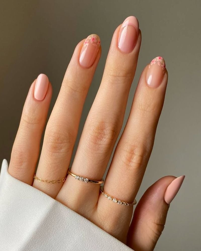 Floral Accent Pale Pink Almond Nails Floral Accent Pale Pink Almond Nails — Classy Professional Nails