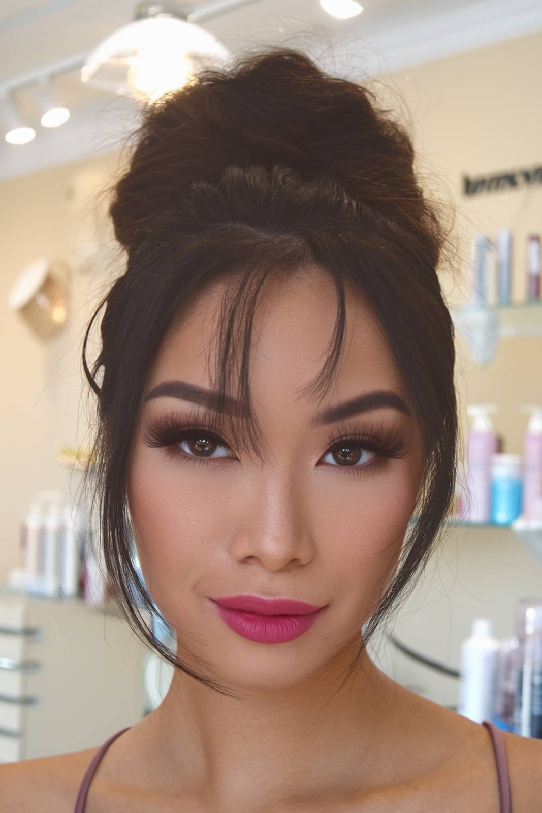 High Bun With Voluminous Curtain Bangs High Bun With Voluminous Curtain Bangs — Classy Puff Hairstyles