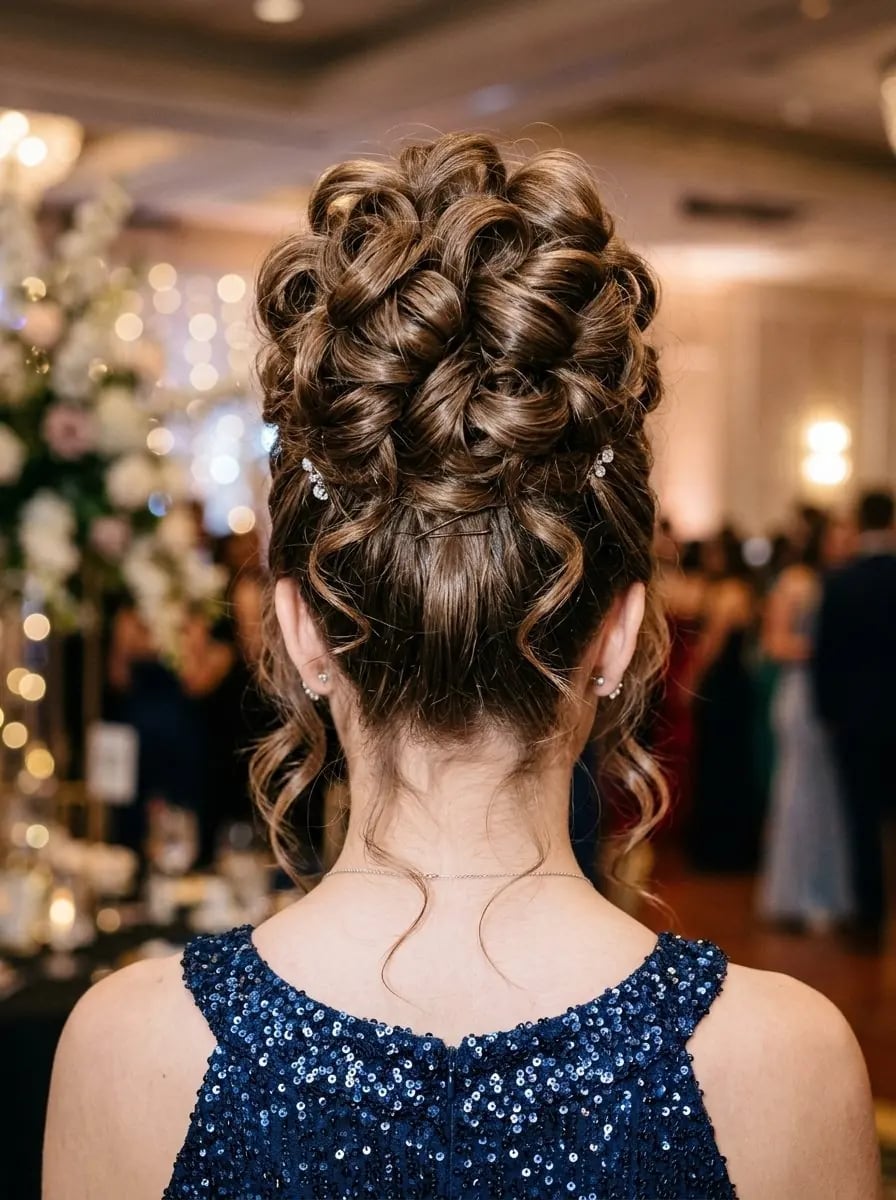 Voluminous Brown High Updo With Curls — Classy Rainy Days Hairstyles