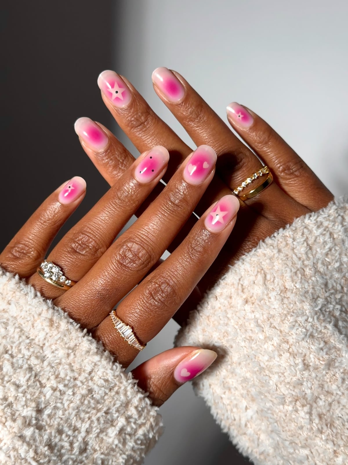 Short Almond Pink White Ombre Heart Star Accent Nails Short Almond Pink White Ombre Heart Star Accent Nails — Classy Raspberry Nails