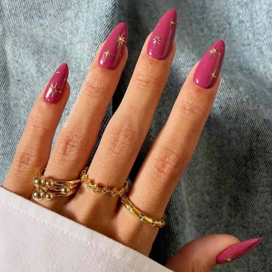 Medium Almond Deep Raspberry Shimmer Gold Star Accent Nails Medium Almond Deep Raspberry Shimmer Gold Star Accent Nails — Classy Raspberry Nails
