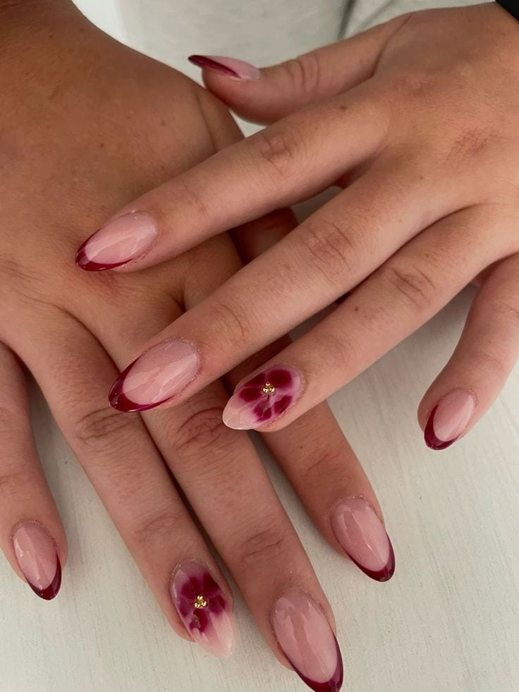 Medium Almond Nude Base Raspberry Floral French Tip Nails Medium Almond Nude Base Raspberry Floral French Tip Nails — Classy Raspberry Nails